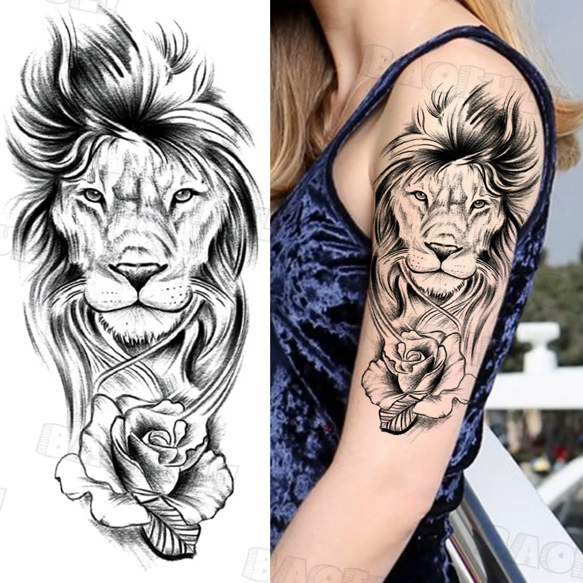 

Black Crown Lion Cross Temporary Tattoos For Men Women Fox Punk Realistic Fake Body Tattoo Sticker Black Half Sleeve Tatoos 3d