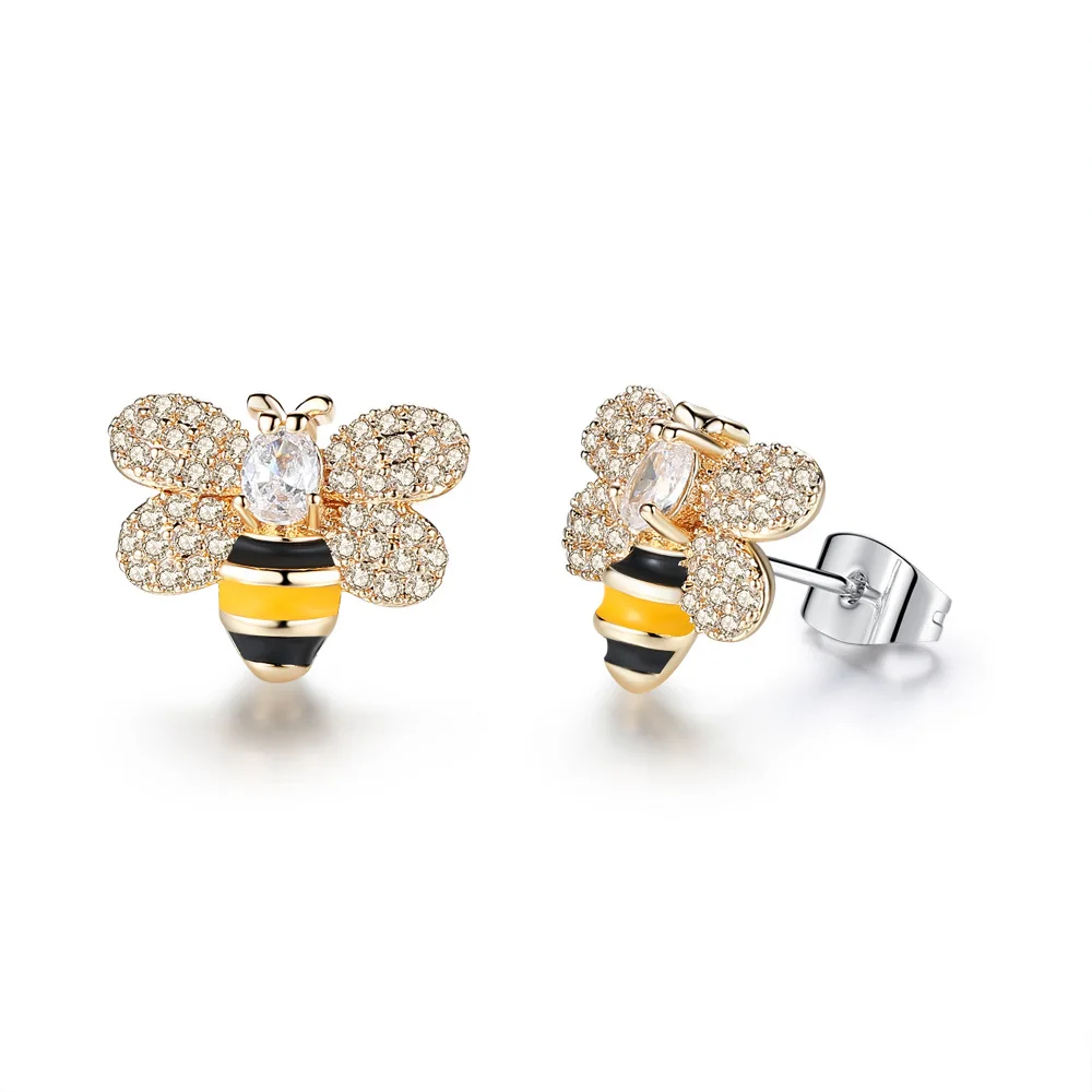 

Women's Fashion Sweet Temperament Glaze Drop Oil Inlaid Zircon Bee Stud Earrings