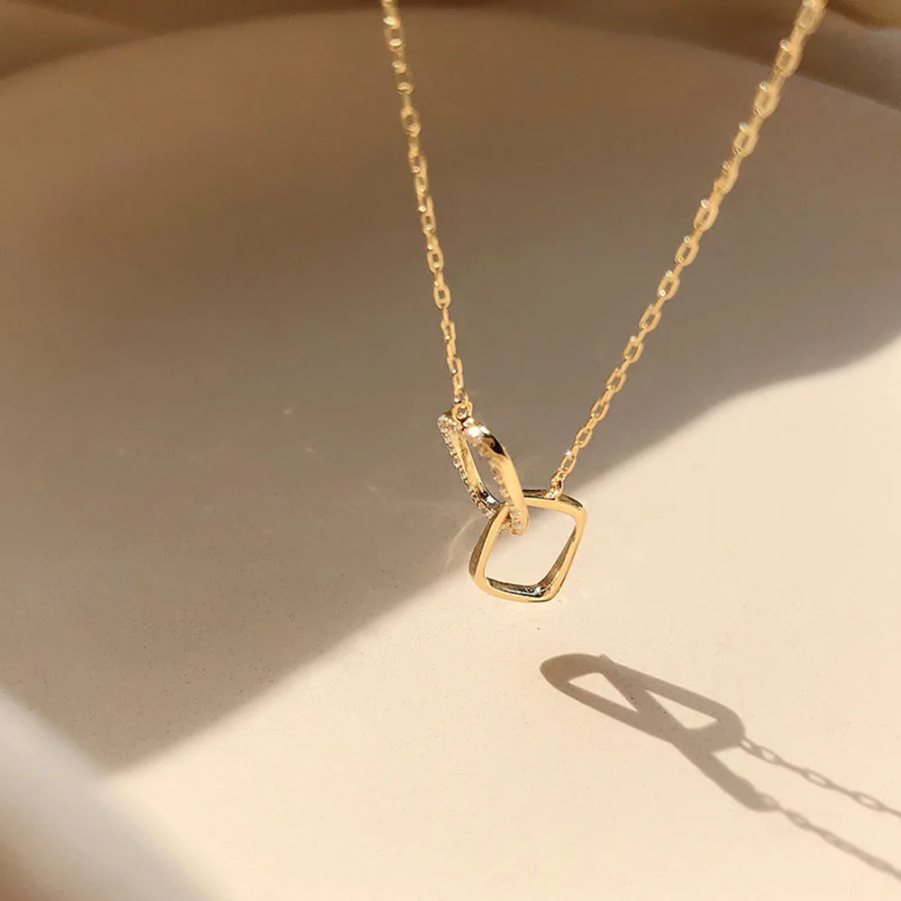 

S925 New Shiny Rectangle Double Zircon Circle CZ Zirconia Necklaces Pendants Gift For Girl Choker