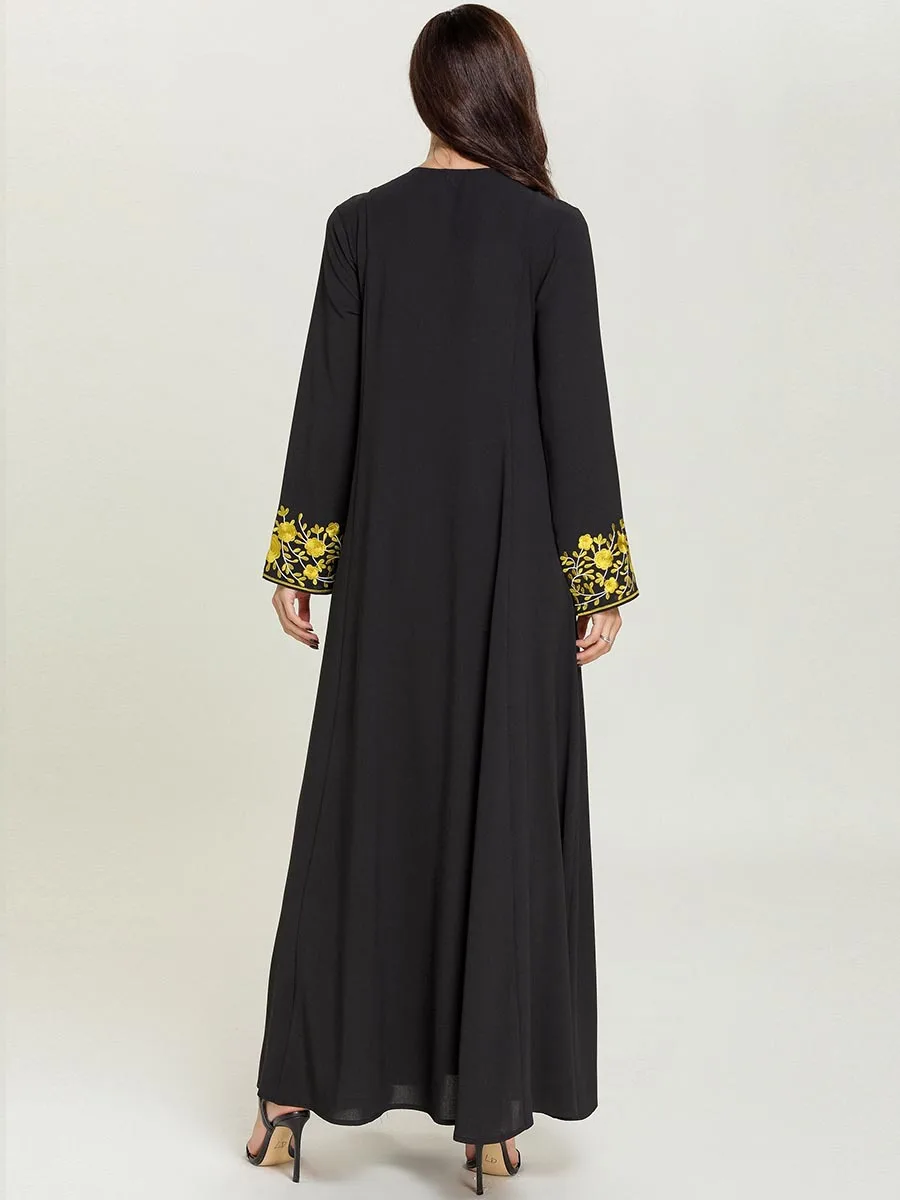 

ice silky floral embroidery long sleeve abaya women maxi dress plus size kaftan ramadan EID robe islamic Judaic dubai gown