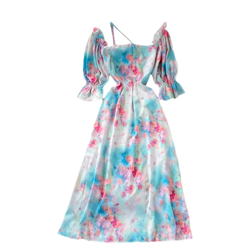 

2021 Fashion Girls Tie Dye Printed Dress Women's Summer New Sweet Square Neck Half Sleeve Ladies Holiday Dresses