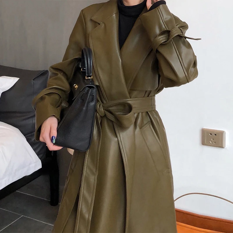 

Wenfly Women Oversized PU Faux Leather Trench Coat England Long Sleeve Sashes Loose Female Fashion Streetwear Outerwear
