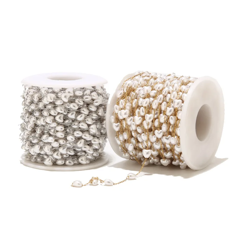 

1M/2M Stainless Steel Gold Plated 6mm Width Heart Pearl Chains Charm Link Chain for DIY Love Jewelry Necklaces Making Findings