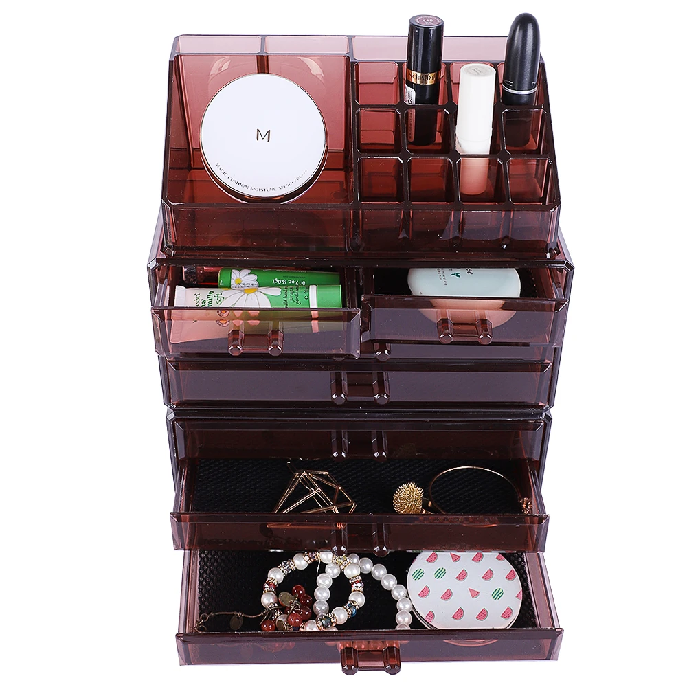 

SF-1122-7 3Pcs/Set Plastic Cosmetics Storage Rack Transparent 5 Large & 2 Small Drawers Coffee 190812219