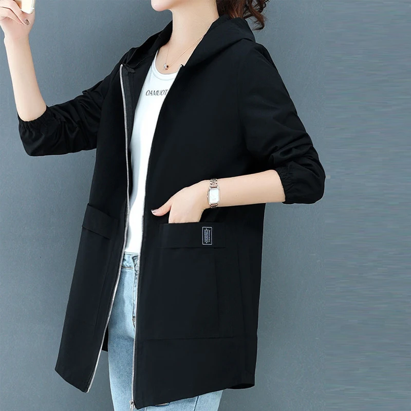 

Women's Jacket Spring Autumn Solid Long Sleeve Hooded Zipper Ladies Causal Outwear Pockets Plus Size Clothing for Female 2021