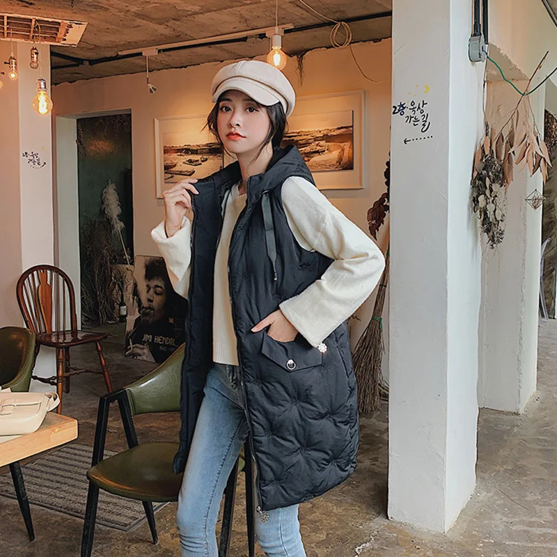 

2022 New Autumn and Winter Women Vest Loose Mid-Length Hooded Waistcoat Large Size Solid Color Womens Sleeveless Jacket Y993