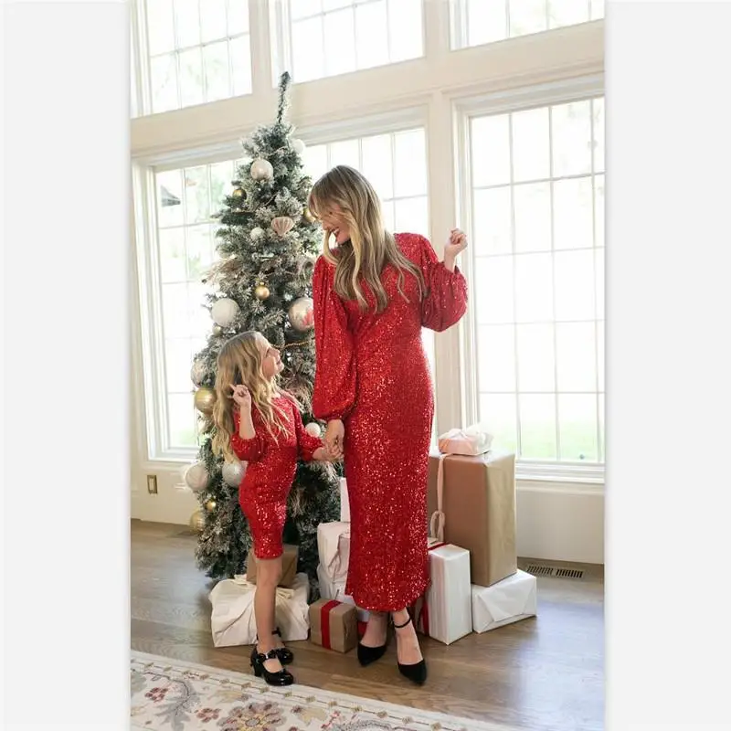 

2022 New Year Parent-Child Dress Shiny Sequins Lantern Sleeve Round Neck Elegant Dresses for Women Mommy Me Clothes Matching