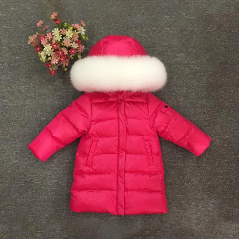 White Fox Rose Пальто с меховым капюшоном для девочек, Россия-30 зимняя теплая пуховая куртка детское длинное пальто для маленьких мальчиков ветрозащитная детская одежда Зимний комбинезон - Цвет: White Fox Rose