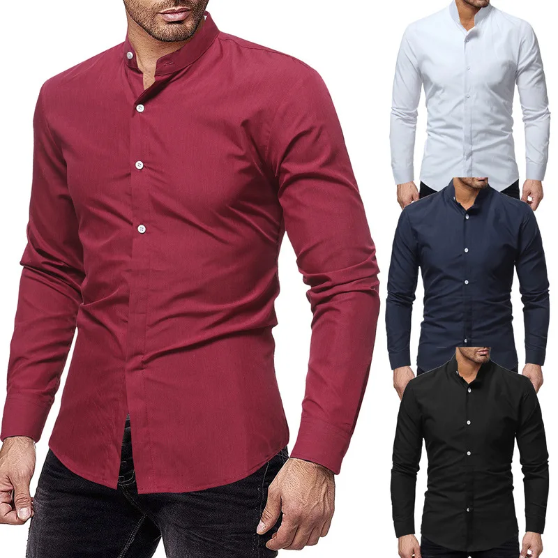 

Men's Shirt Long Sleeve Stand Collar Solid Color Cardigan Shirt Casual Single-Breasted Slim Type Tops