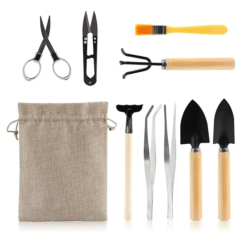 

10 Pieces Mini Bonsai Tools Gardening Tool Kit Planting Cactus Succulents Plants Pot For succulents Cacti Digging Watering