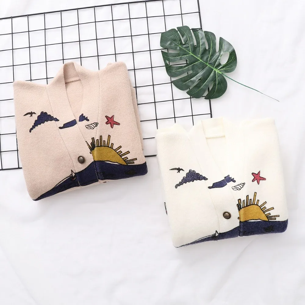 2018 Women Sweaters Embroidery Knit Cardigans Christmas Sweater V-Neck Casual Loose Long |