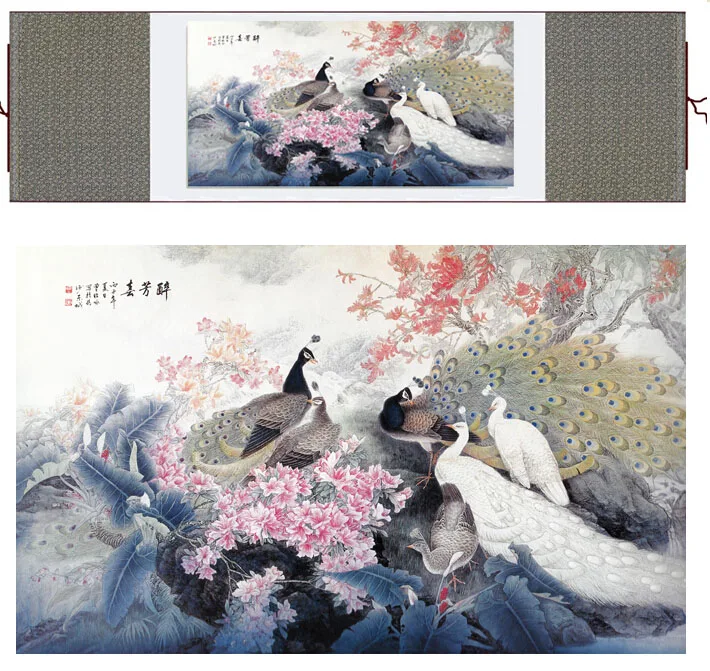 

Chinese traditional art painting birds in the water silk scroll painting peacock paintingPrinted painting