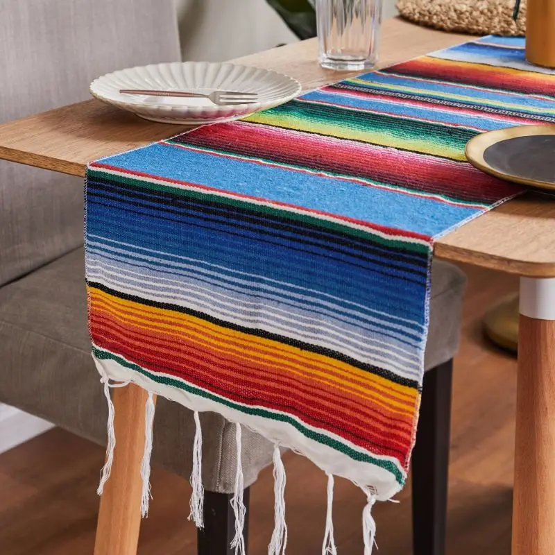 

35x213cm Blanket Bright Rainbow Stripes Woven Table Runner Fringe Cotton Tablecloth Festival Party Home Table Decoration