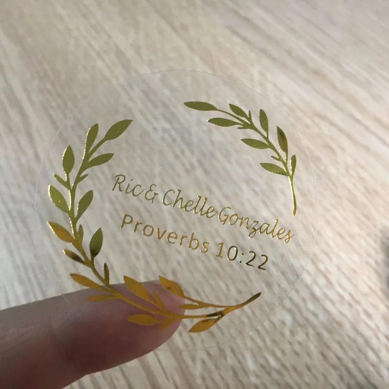 

100 Pcs, Real Foil Shiny Gold Custom Personalized Wedding Stickers, Favors Boxes, Cupcake Labels, Transparent, Flowers