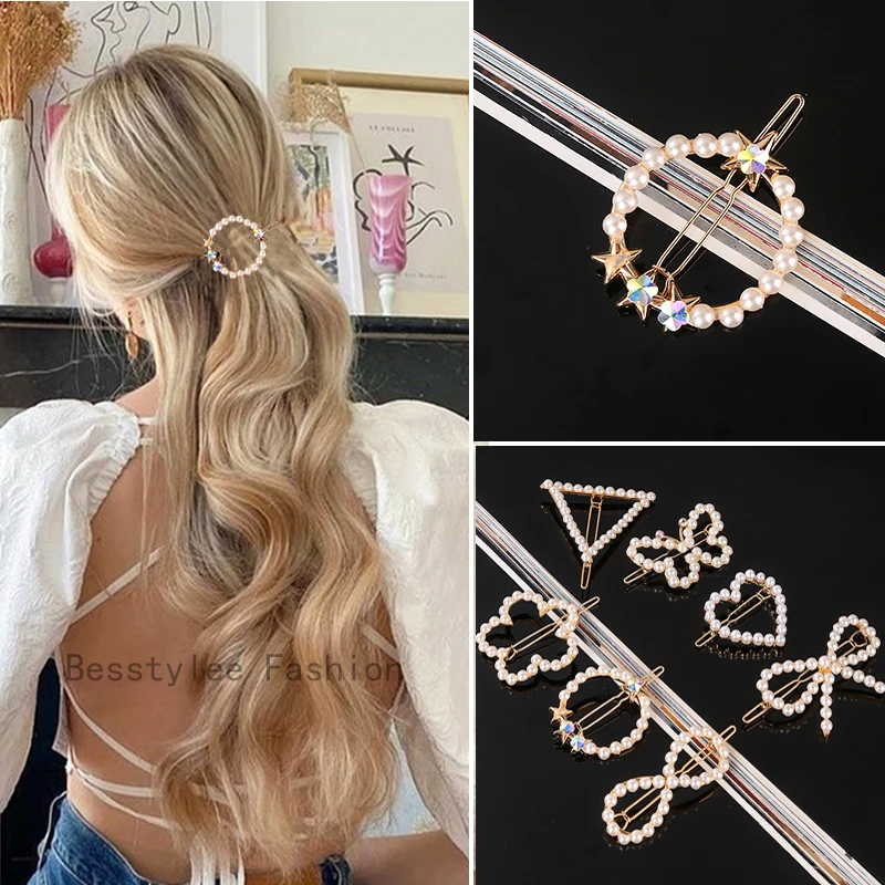 

Fashion Handmade Pearls Hair Clips Pin Elegant Geometric Round Barrette Women Girls Sweet Hairpins Barrettes Hair Accessories