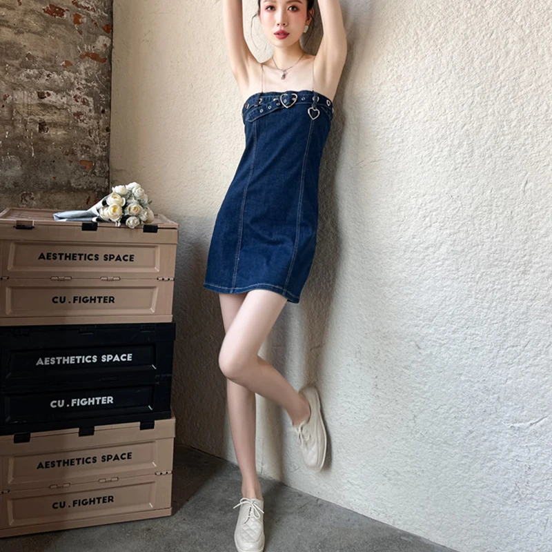 

Fashion Denim Suspender Dress Women 2021 Summer Vintage Slim Sexy Female Casual Temperament Hight Waist Spaghetti Strap Dresses