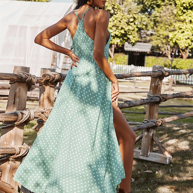 

2021 Ladies Sexy Sleeveless Dot Print Women Backless High Waist Bohemian Party Long Summer Dress Sundress Vestidos
