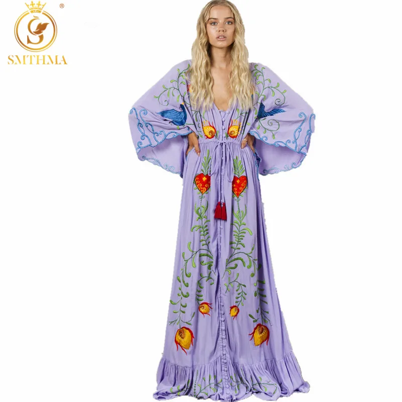 Женское богемное платье SMTHMA длинное макси с рукавами летучая мышь и вышивкой