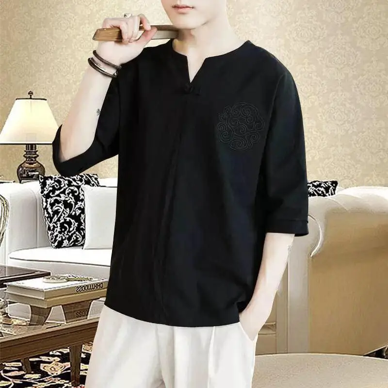 Рубашка Мужская льняная в китайском стиле Повседневный Ретро топ с V образным
