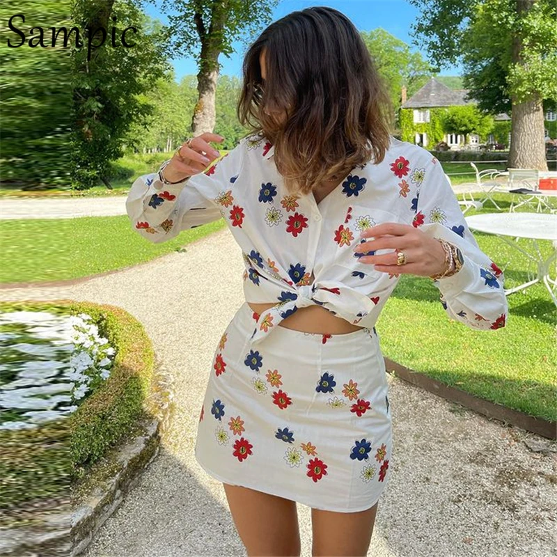 

White Casual Women Long Sleeve Set 2021 Autumn Floral Print Tops Wrap High Waisted Mini Skirt Dress Suit Two Piece Set