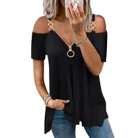 women t shirt solid off shoulder tops metal chain strap summer short sleeve sexy tops female tees black loose tshirt ropa mujer