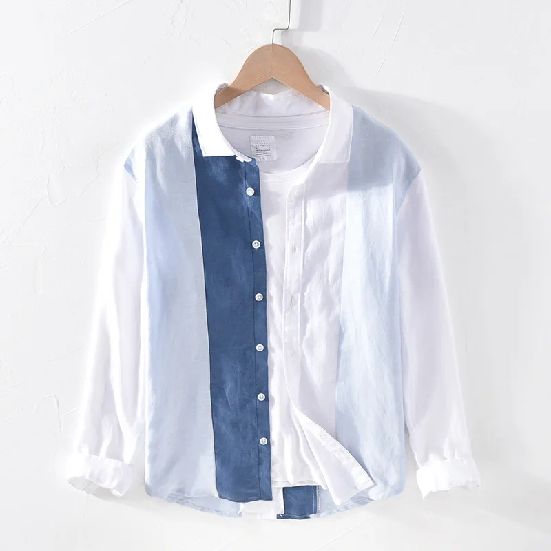 

Рубашка мужская с длинными рукавами, льняная сорочка контрастных цветов в японском минималистском стиле, Тонкая Повседневная сорочка с отл...