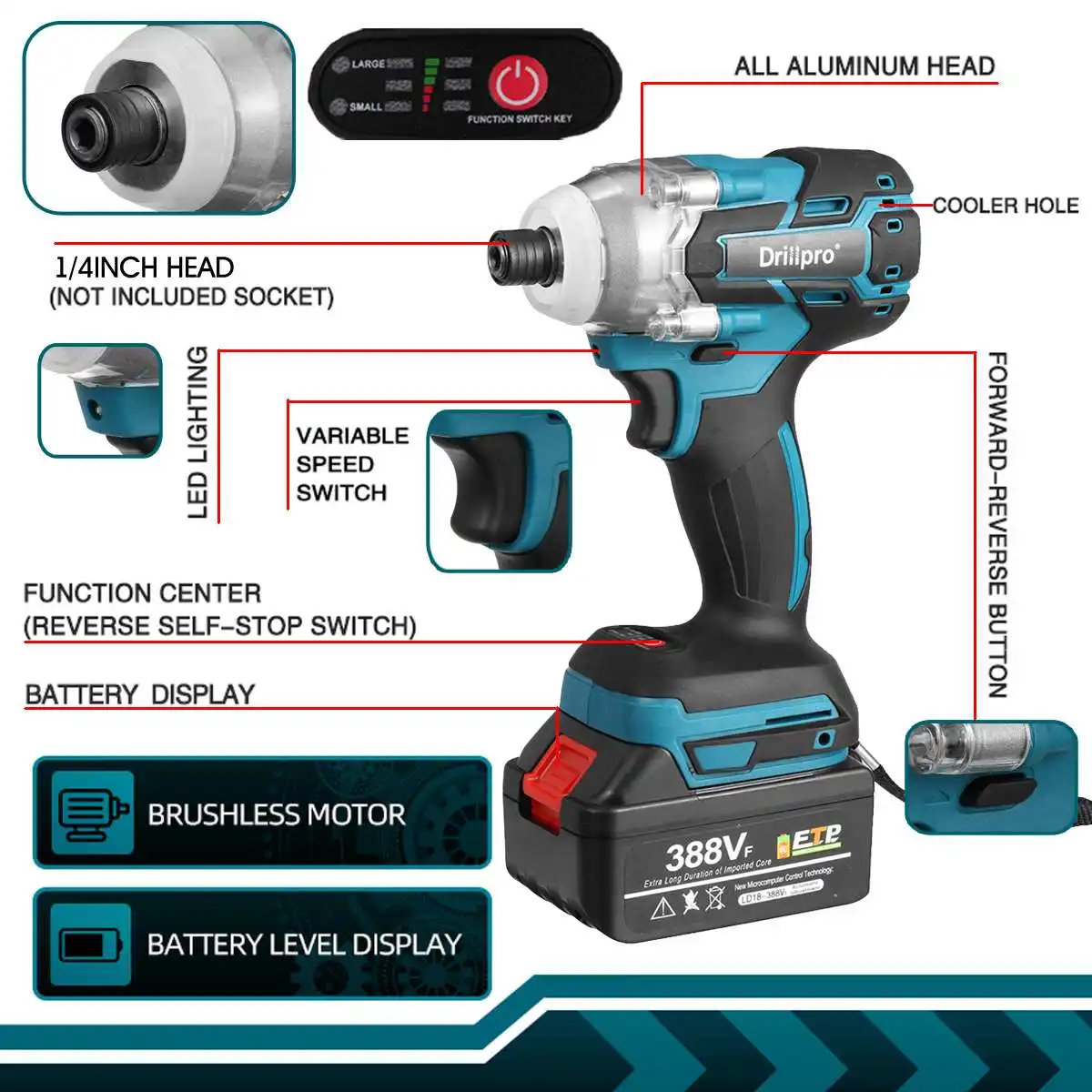 Drillpro 388VF Brushless Electric Screwdriver 1/4 inch Power Tools Cordless Drill Driver + LED Light For Makita 18V Battery | Инструменты
