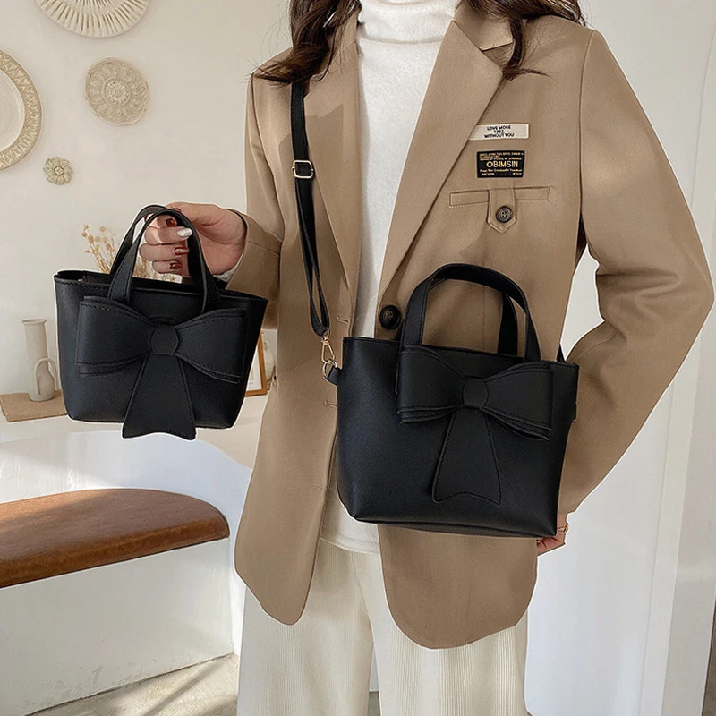 

2021 Ladies Handbag Fashion Pu Leather Shoulder Bag Luxury Brand Bowknot Handbag Girl Simple Style Messenger Bag Large Trumpet