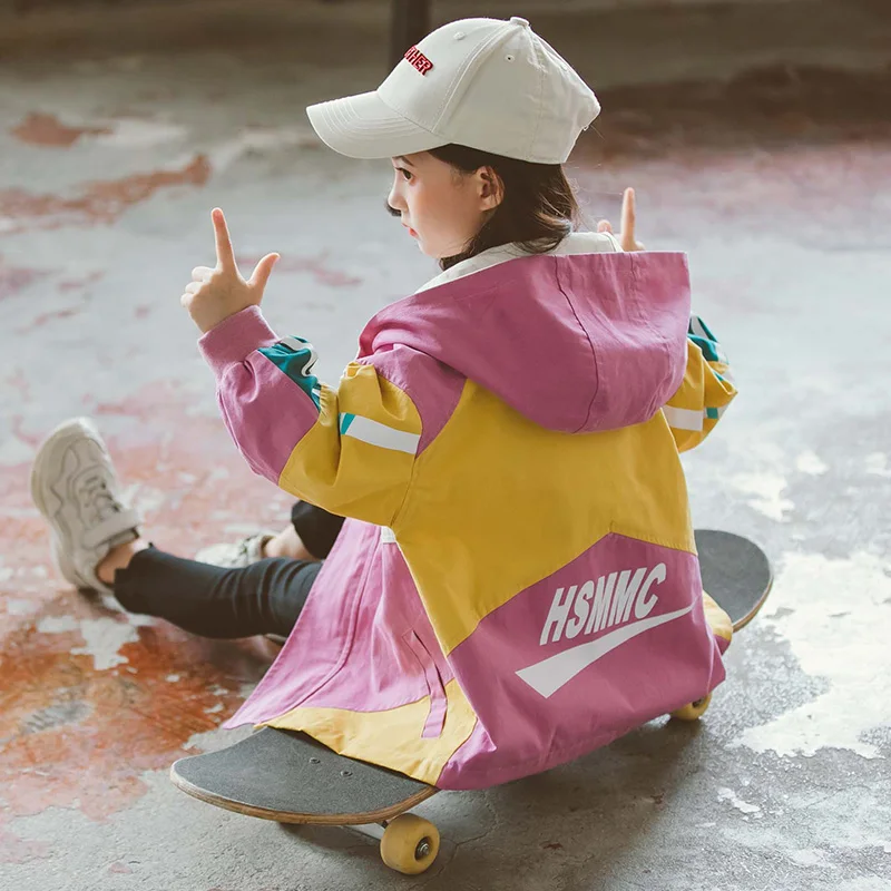 Куртки для девочек комбинированные пальто модная детская ветровка с капюшоном