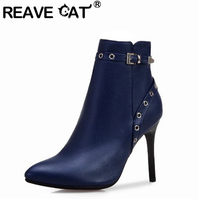 

REAVE CAT 2021 Sexy Ankle Boots Belt Buckle Zip Pointed Toe Party Thin Heel Short Plush US19 Red Blue Black Yellow White A4514