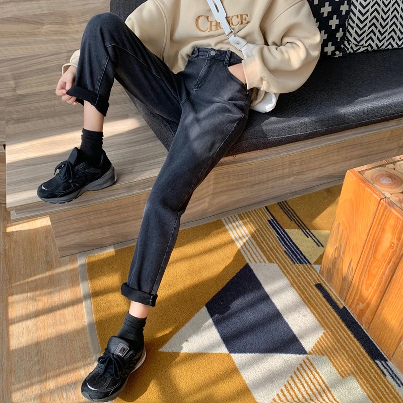 Джинсы-бойфренды женские хлопковые с высокой талией черные большого размера |