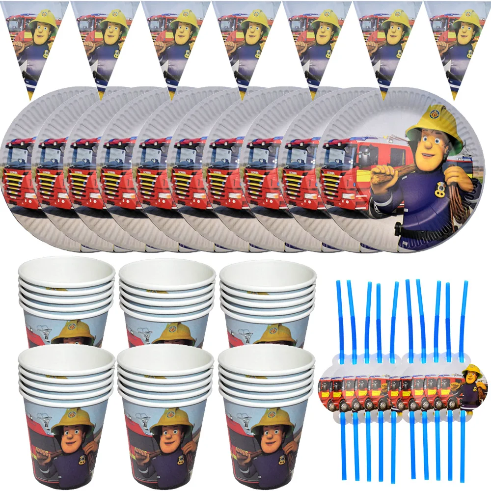 

Fireman Sam Party Supplies Disposable Tableware set Paper Plates Cups Fire Truck Birthday Party decor Banner Boys Baby Shower
