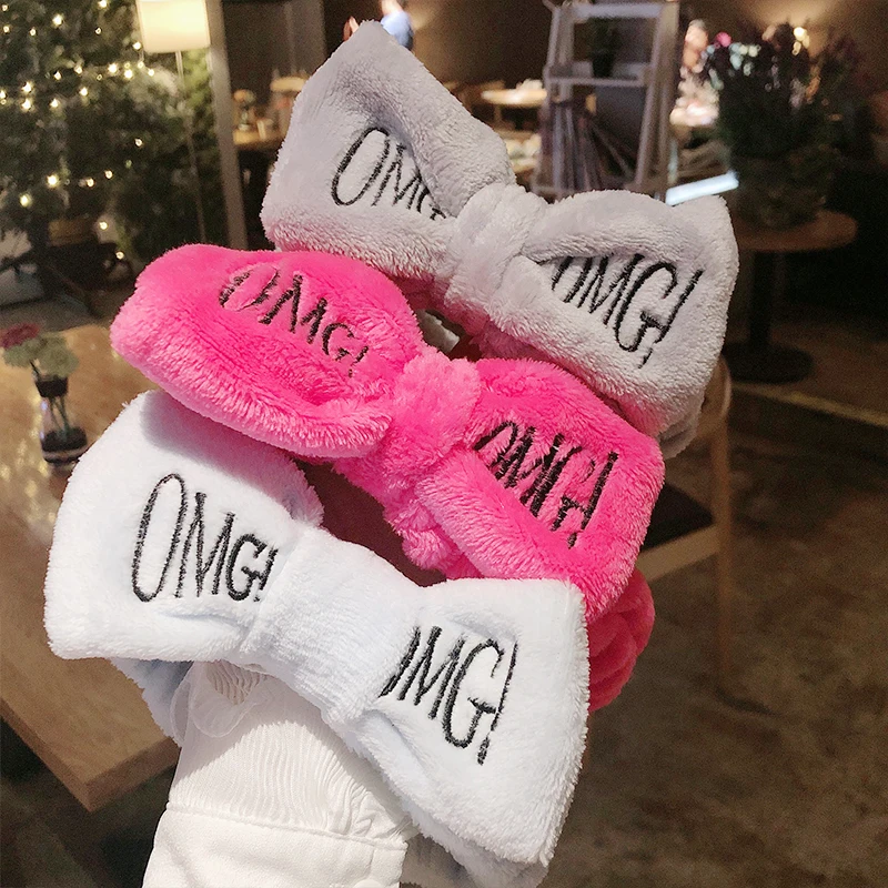 Women's Letters OMG Wash Face Bow Headband Girls Butterfly Hair Band Headwear Hairbands Coral Fleece Accessories |