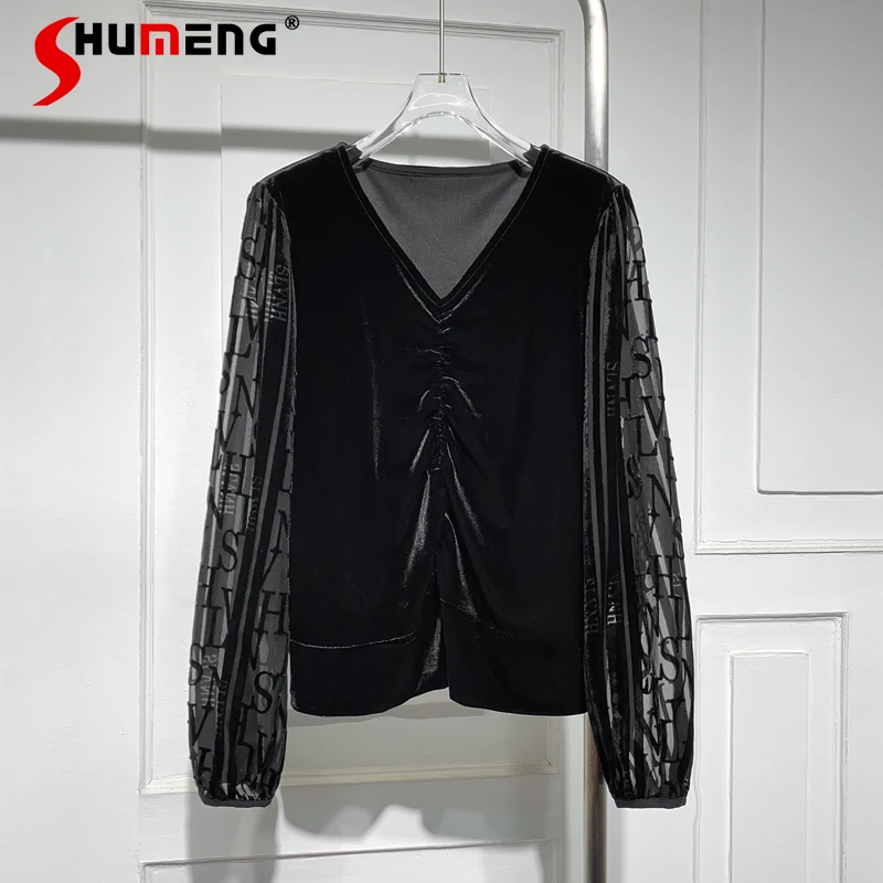 

Clothes for Women 2022 Spring New Fashion V-neck Slimming Stitching Velvet Shirt Loose Black Primer Ladies Tops Women-Blouses