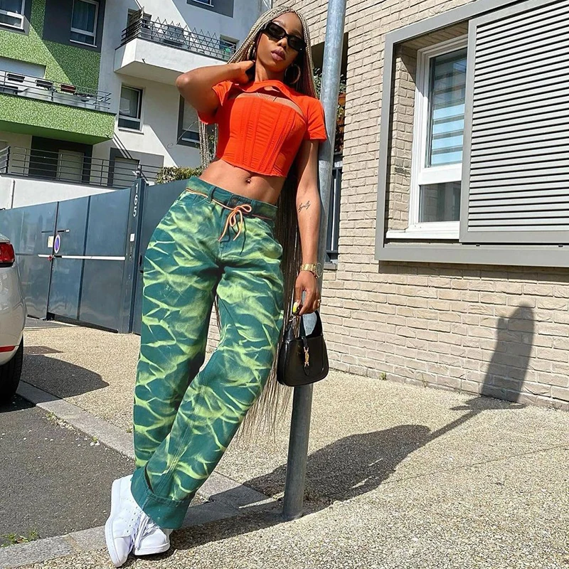 

Rapcopter Paisley Tie Dye Green Jeans y2k Vintage High Waisted Pants Female Straight Hot Mom Jeans Streetwear 90s Joggers 2021