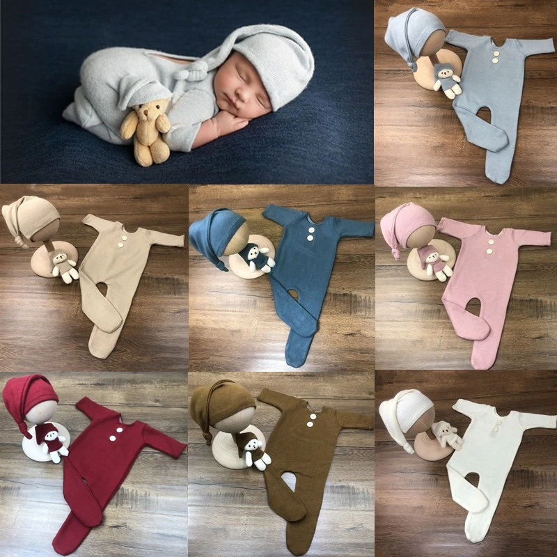 ❤️Newborn Photography Clothing Knot Hat+Jumpsuits+Doll 3Pcs/set Baby Photo Props Accessories Studio Shoot Clothes Fotografia