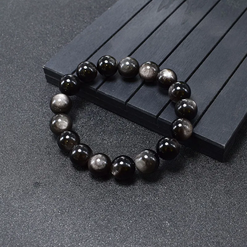

Natural Stone Silver Obsidian Bead Bracelet Fashionable Healing Power Stone Lucky Jewelry for Women and Men