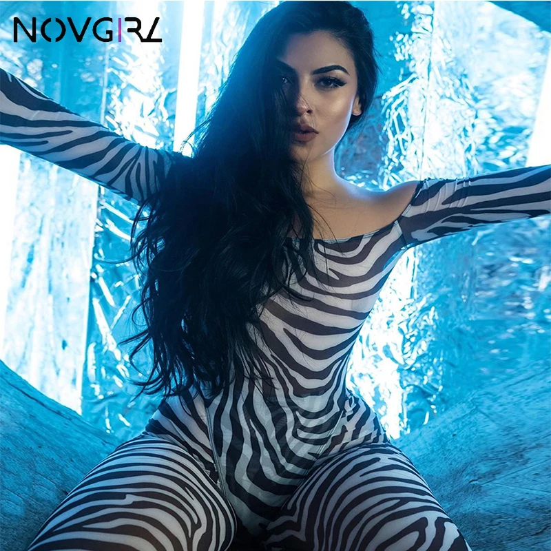 Novgirl/сексуальный сетчатый комбинезон с открытыми плечами и принтом Тигра для