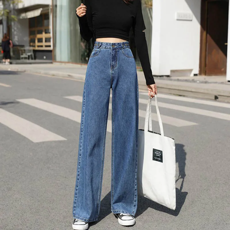 

Adjustable Waist Jeans dark blue Korean Fashion 2021 Wide-Leg Pants Harajuku Retro Young Women Casual y2k Straight-Leg Jeans