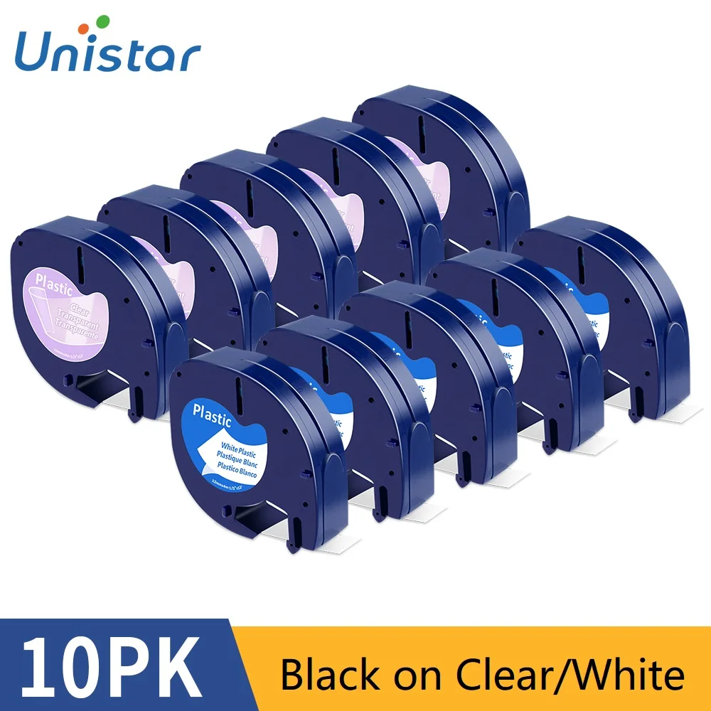 

10PCS Plastic Tapes 12mm Compatible for Dymo Letratag Printer Tape 91201 12267 Plastic White Black on Clear tapes for LT-100H