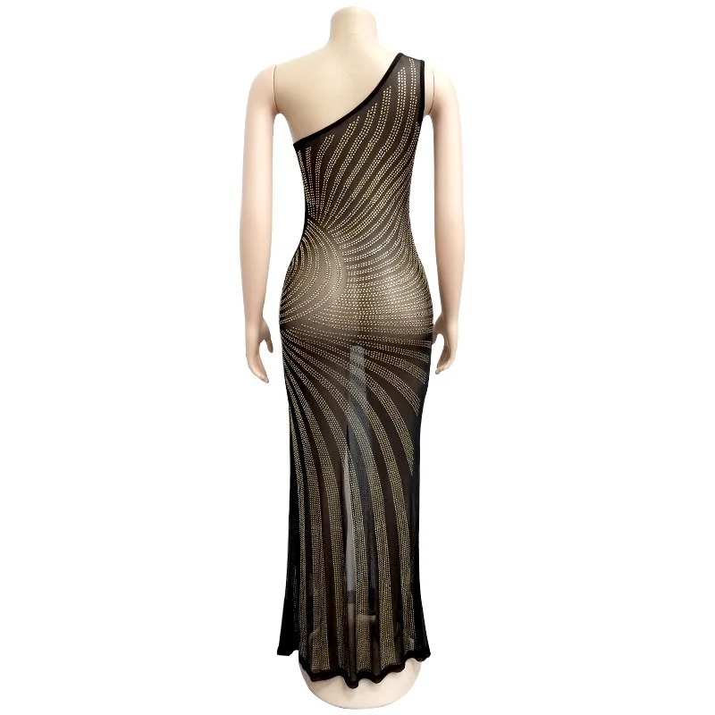 

2021 New Fashion European and American Women's Sexy Mesh Hot Drilling One Shoulder Split Dress