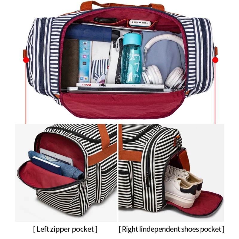 구매 남여 대용량 여행 가방 휴대용 핸드백 블랙 블루 스트라이프 더플 가방 캔버스 스포츠 체육관 가방 신발 포켓 XA282M