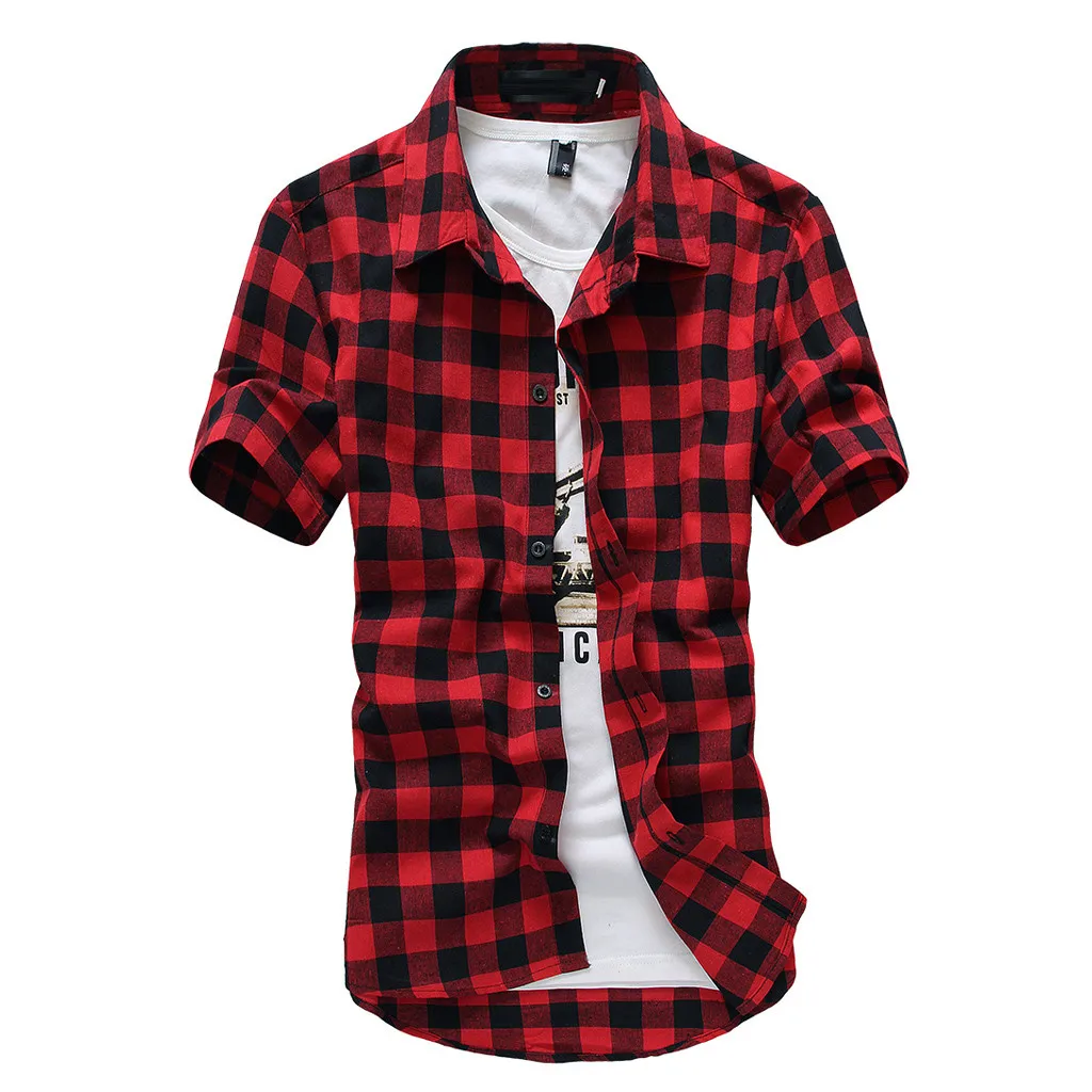 

Men‘s Short Sleeve Lattice Plaid Painting Shirts Large Size Summer Autumn Casual Handsome Men Top Blouse Shirts Men Clothing