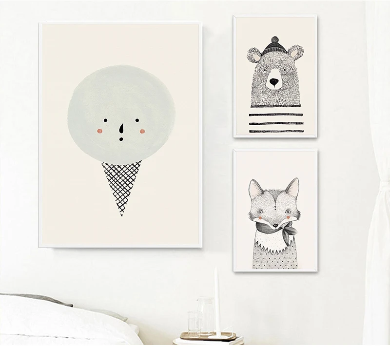 

Скандинавская Картина на холсте с изображением медведя лисы, мультяшное животное, Настенная картина, украшение для детской комнаты