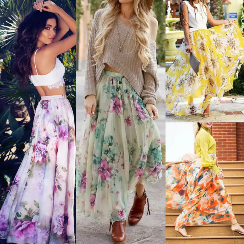 Женское длинное плиссированное платье-макси с высокой талией и цветочным