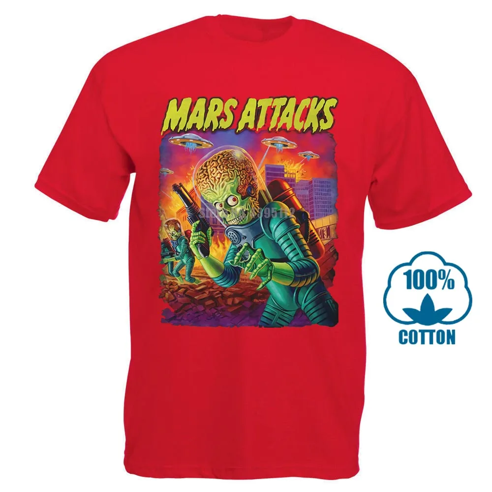 Красный Mars Attacks Movie Мужская футболка атакующий инопланетянин с блюдцем заполненное небо - Цвет: Красный