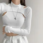 Женские обтягивающие топы, однотонные, с имитацией двух предметов, с высоким воротником, с длинным рукавом, E21H, уличная одежда, стрейч-футболка