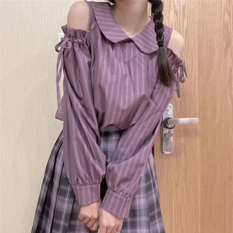 

YBYR Lolita Striped Shirts Women Spring Autumn Sexy Cute Off Shoulder Peter Pan Collar Blouses Girl Long Sleeve Tops Blusas 2021