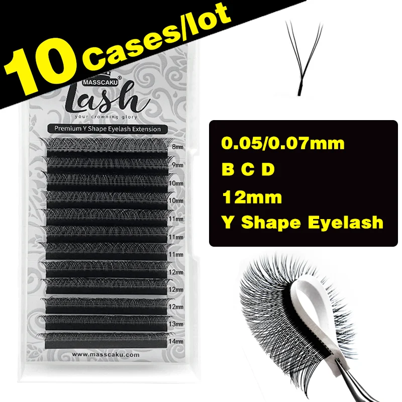 

10Cases/Lot MASSCAKU YY Shape Natural and Soft Individually Eyelash Fluffly Lash Extensions Silk Private Label Mink Eyelash Tray