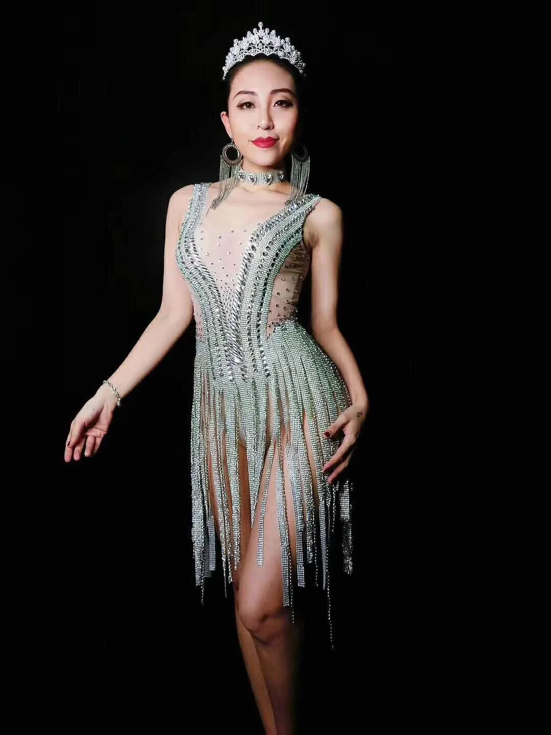 Women Summer Rompers 2021 Sleeveless Tassel Diamomd Customized Bodysuit Birthday Party Celebrate Stage Performance Costume